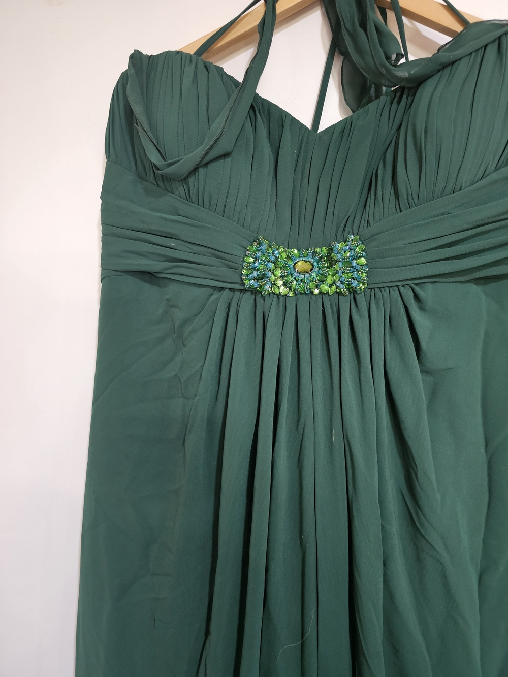 Venus Bridal Deep Green Chiffon Halter Gown with Jeweled Waist